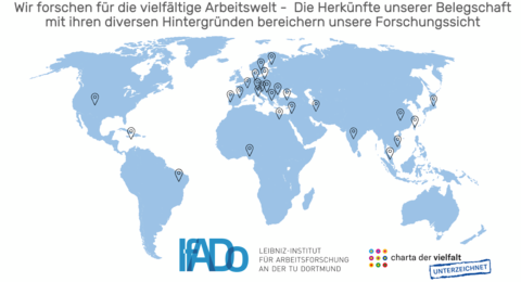 Auf einer einfarbigen Weltkarte sind Punkte markiert, die die jeweiligen Herkunftsländer der Mitarbeitenden am IfADo anzeigen.